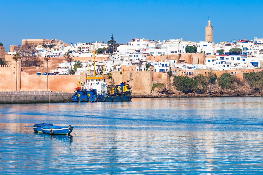 Scenic view of the River Bou Regreg seafront and Kasbah in the historic Medina of Rabat, Morocco, showcasing the captivating beauty of the coastal landscape and cultural heritage.
