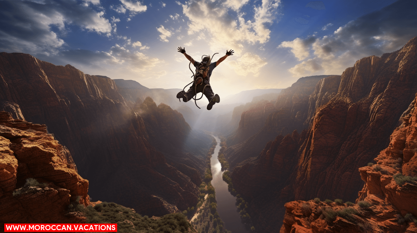A person bungee jumping off a bridge, defying gravity with exhilarating thrill.