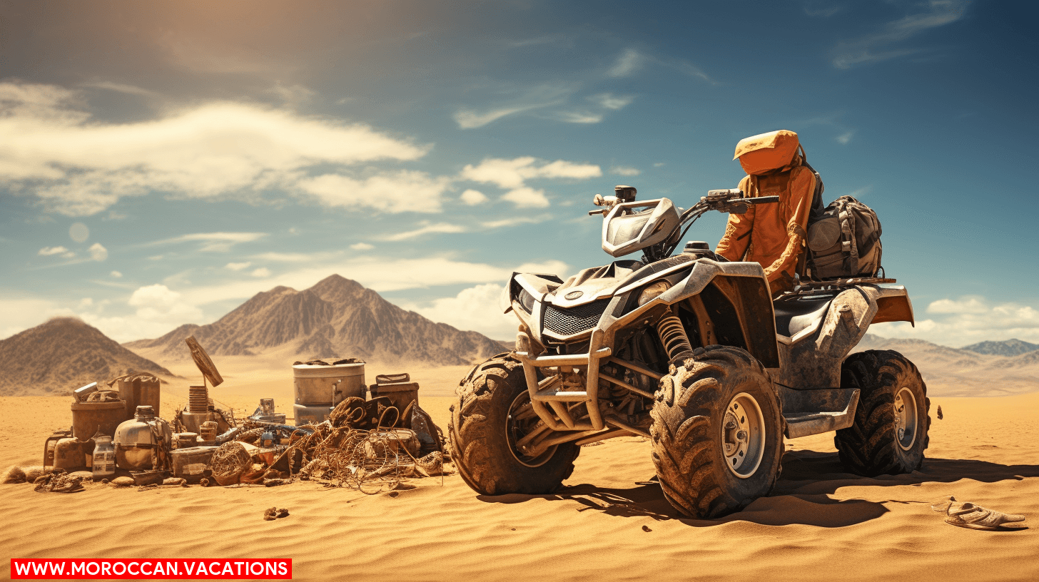 A selection of necessary equipment for safe and enjoyable quad biking adventures, including helmets, gloves, goggles, and protective clothing.