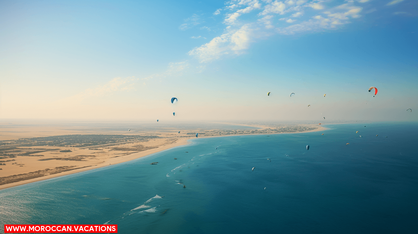 Image of kiteboarders enjoying the scenic kiteboarding spots in Dakhla, showcasing the exhilarating adventure and natural beauty of the destination.