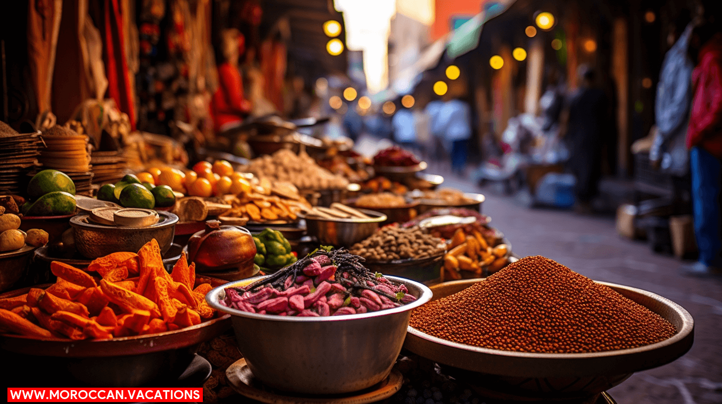 Image showcasing vibrant market stalls brimming with colorful spices, fresh produce, and tantalizing street food, evoking the sensory delights of culinary exploration in a bustling Medina.