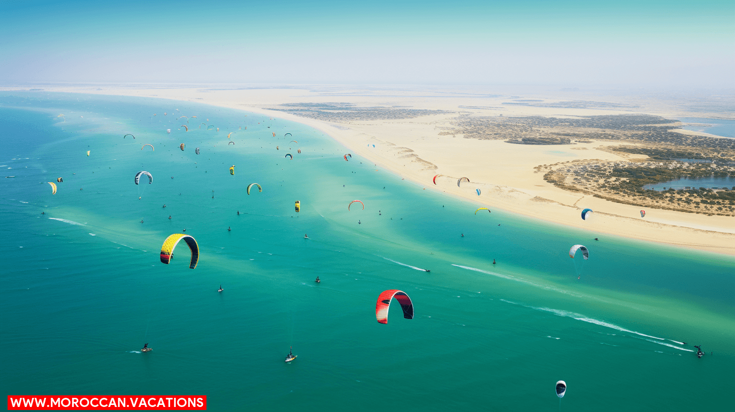 A vibrant image showcasing perfect wind and water conditions for kiteboarding, with a clear blue sky and the sun shining, inviting enthusiasts to enjoy the sport at its best.