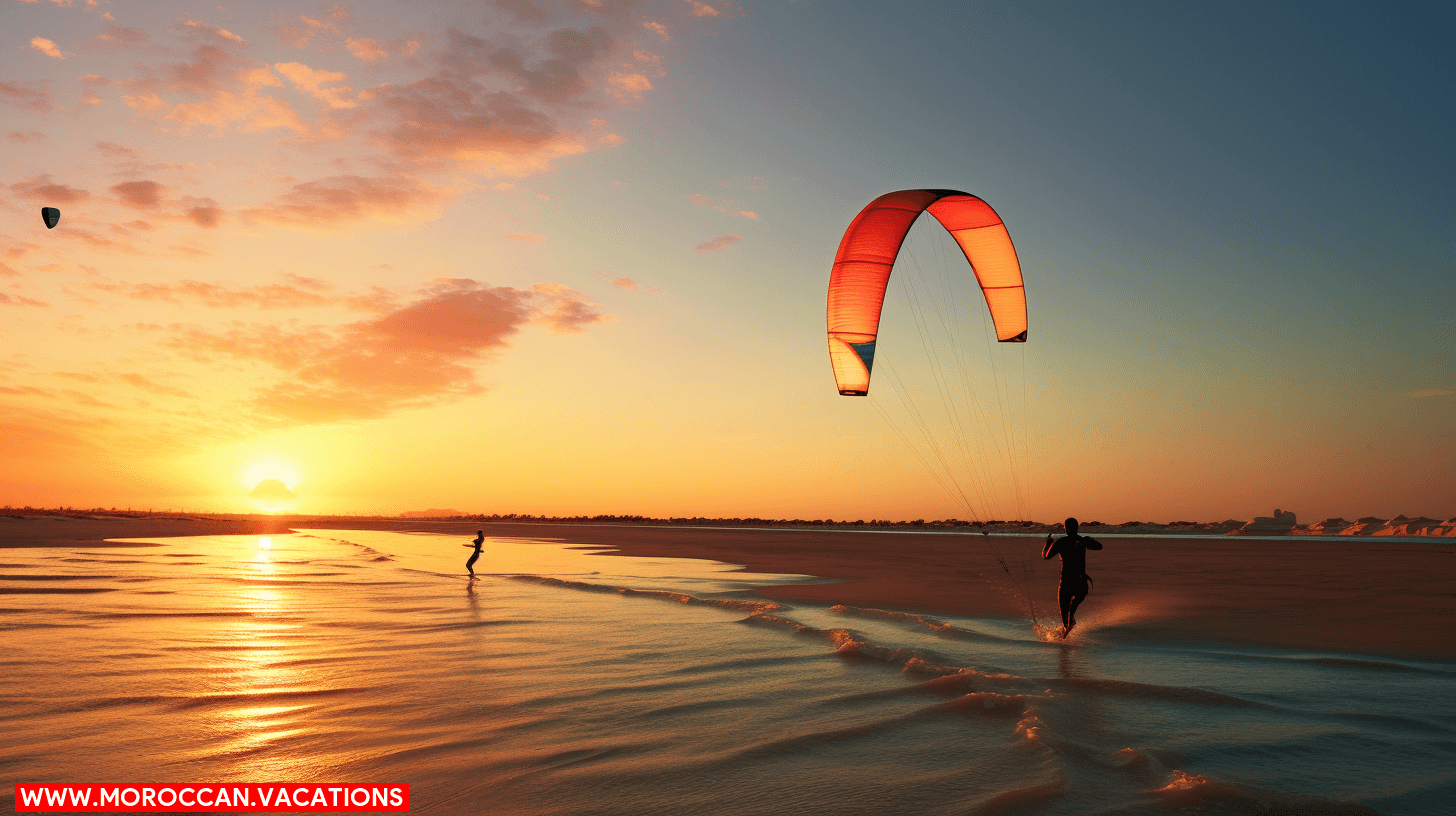 Beginner kiteboarder practicing on a sandy beach in Dakhla, Morocco, under clear blue skies.