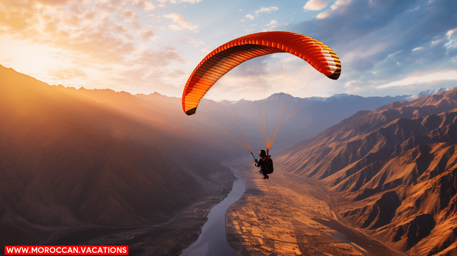 A person paragliding, soaring through the sky with mountains in the background.