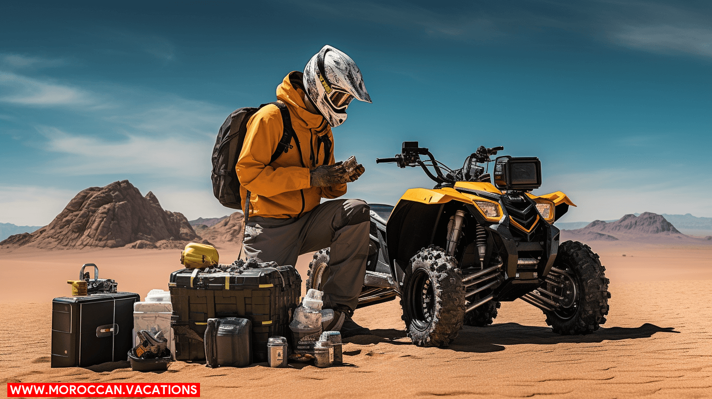 Helmets and safety gear while riding quad bikes through a dusty terrain.