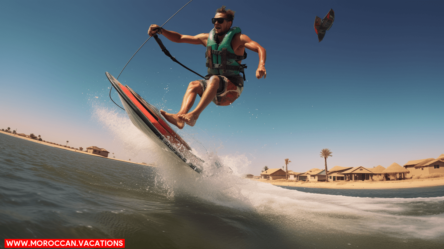 Image featuring a kiteboarder equipped with safety gear, navigating waves under clear blue skies.