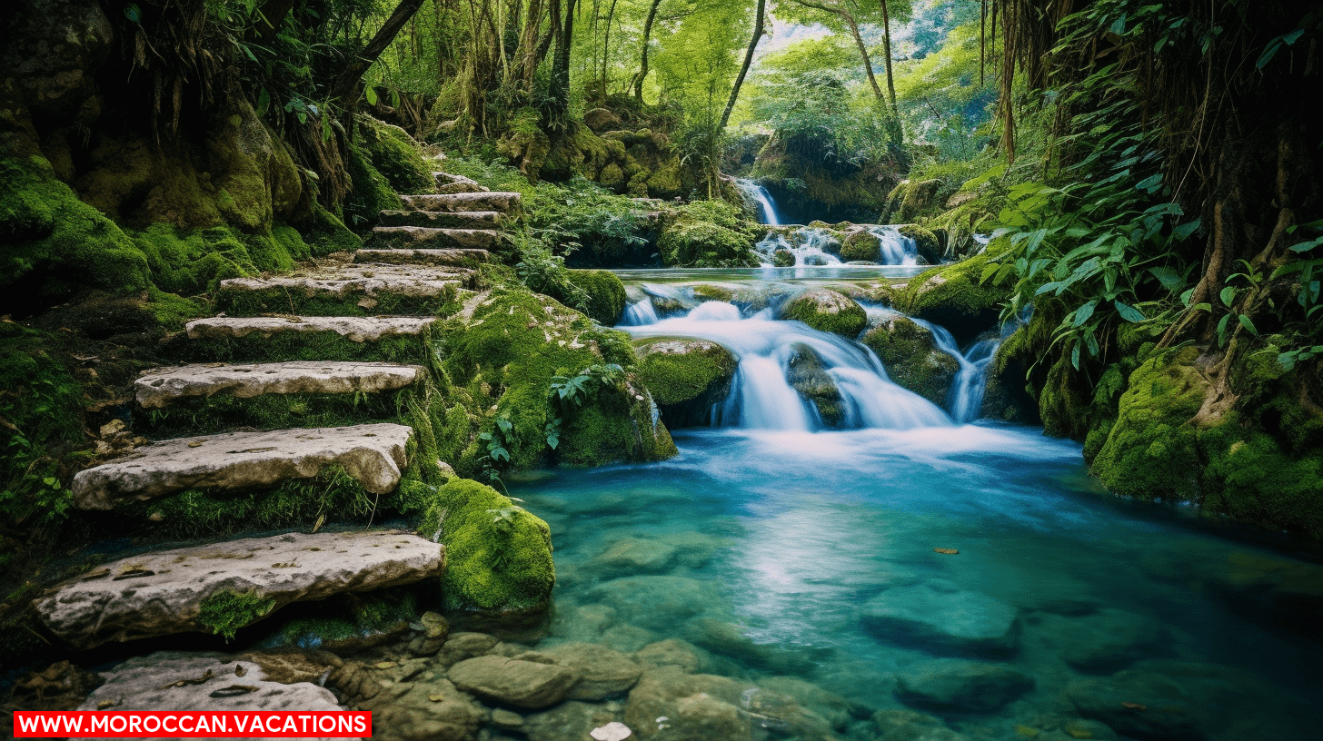 Scenic path leading to the breathtaking Akchour Waterfalls - a must-see natural wonder for travelers seeking adventure and beauty in Morocco.