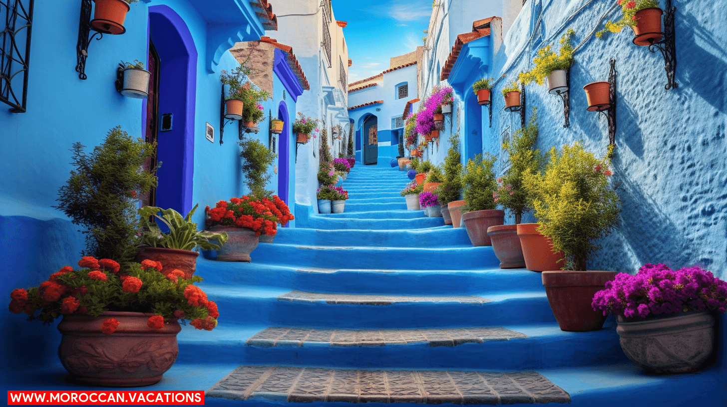 A vibrant marketplace scene in the Medina with the title 'The Blue Pearl Exploring the Medina