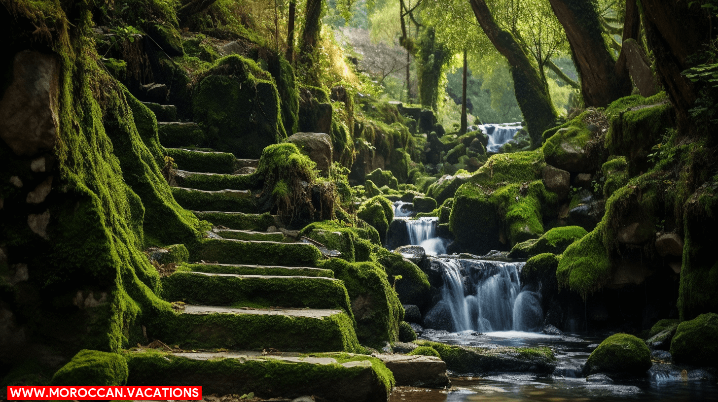 A serene forest trail with sunlight filtering through the trees, highlighting the lush greenery and cascading waterfalls along The Cascades Trail.