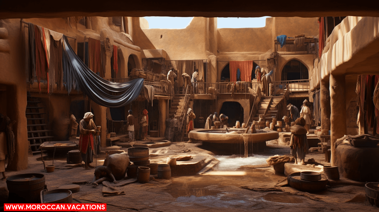 Traditional tannery workers crafting Moroccan leather using age-old techniques