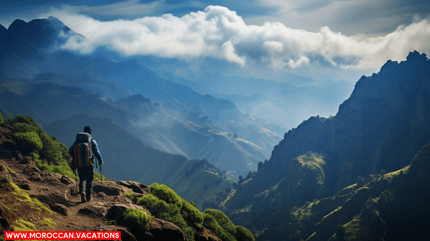 A panoramic view of rugged mountains with a trail winding through them, representing the breathtaking scenery of the Rif Mountains Trek.