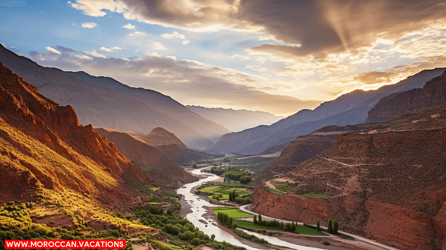 A panoramic view of the stunning Dades Valley landscape, showcasing rugged mountains, winding rivers, and vibrant vegetation.
