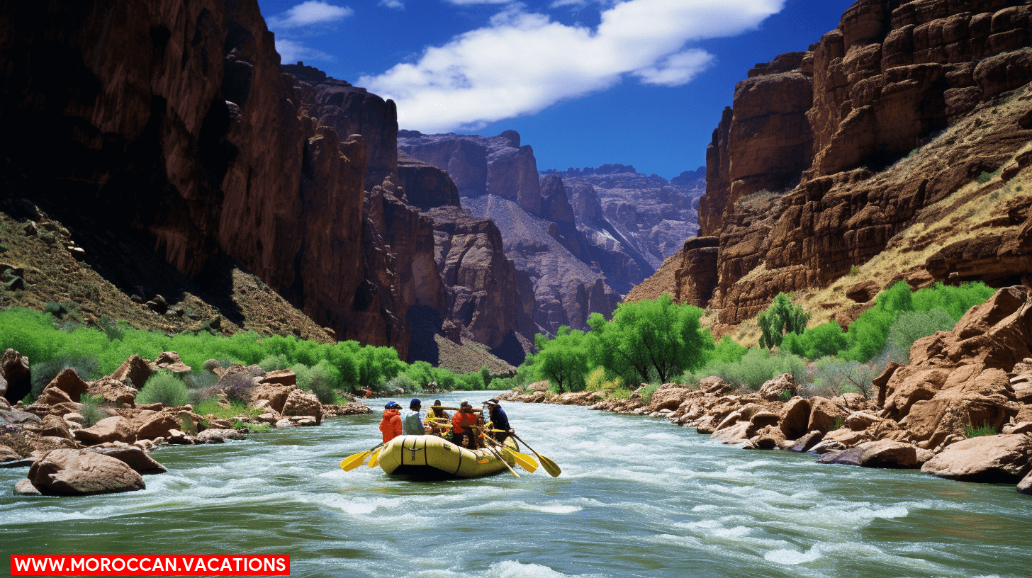 Exciting white water rafting adventure with a group of people riding through turbulent rapids.