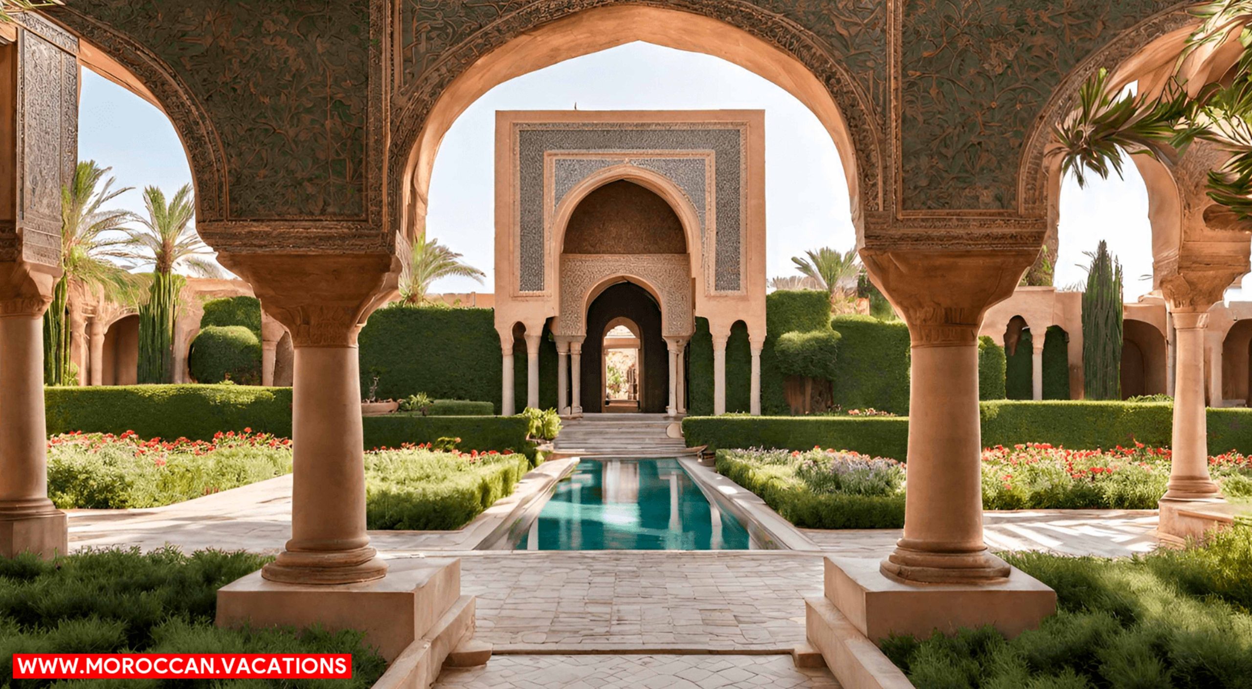 A meticulously manicured garden bursting with vibrant flora, framed by the towering Atlas Mountains.