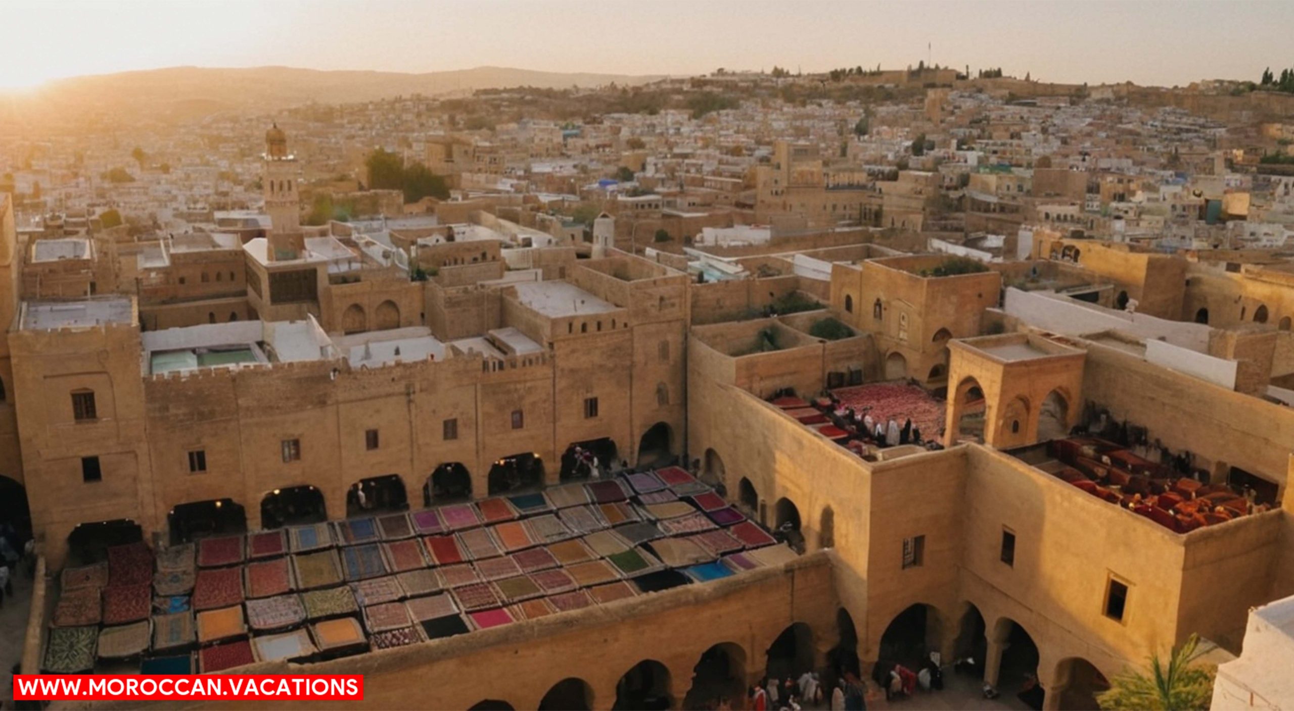 An aerial view of Fez Medina's labyrinthine alleys, vibrant with colorful Moroccan rugs, pottery, and locals in traditional attire.