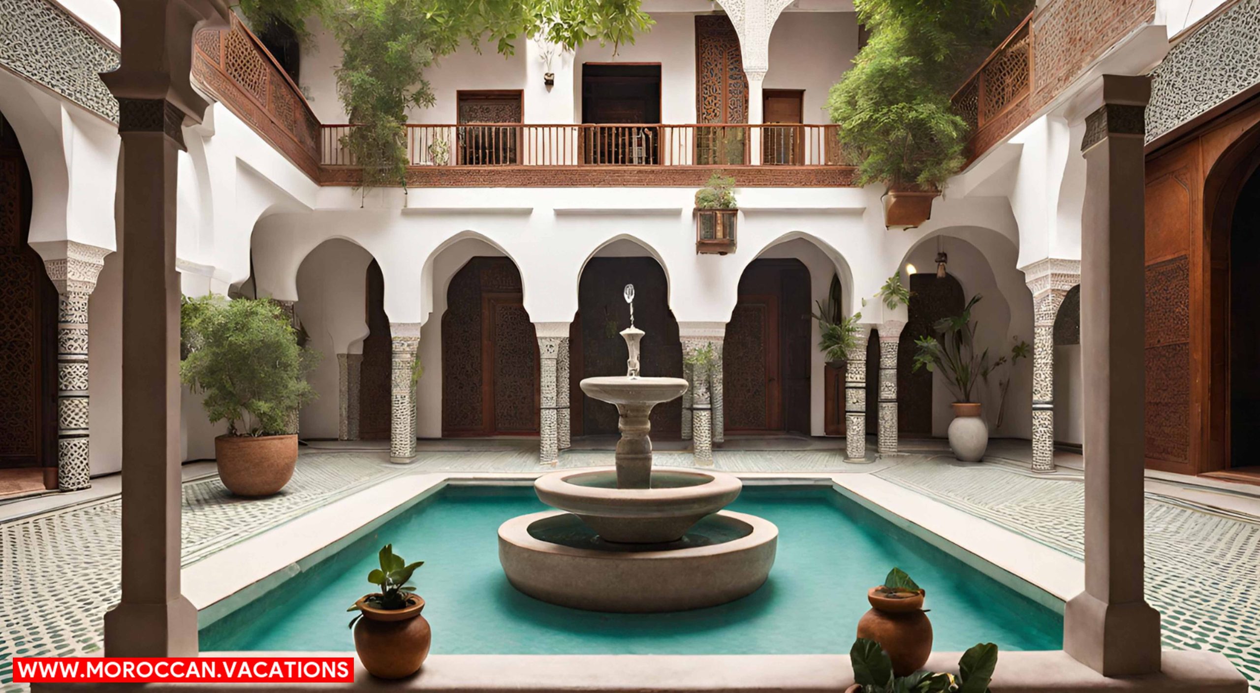 The intricate lattice work of a traditional Moroccan riad's courtyard, adorned with ornate zellige tile patterns.