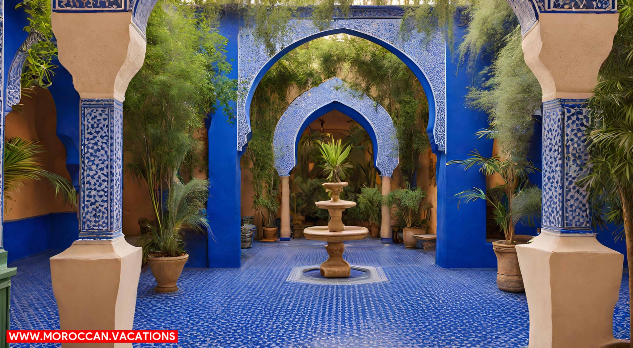 The vibrant symphony of cobalt blue and lush greenery at the Majorelle Garden.