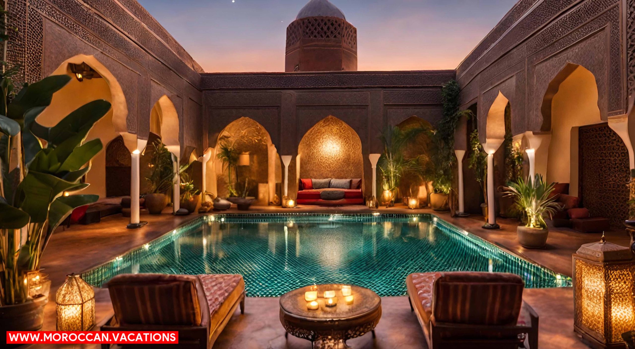 Opulent Moroccan Riad with intricate mosaics, plush furnishings, rooftop views of Marrakesh.