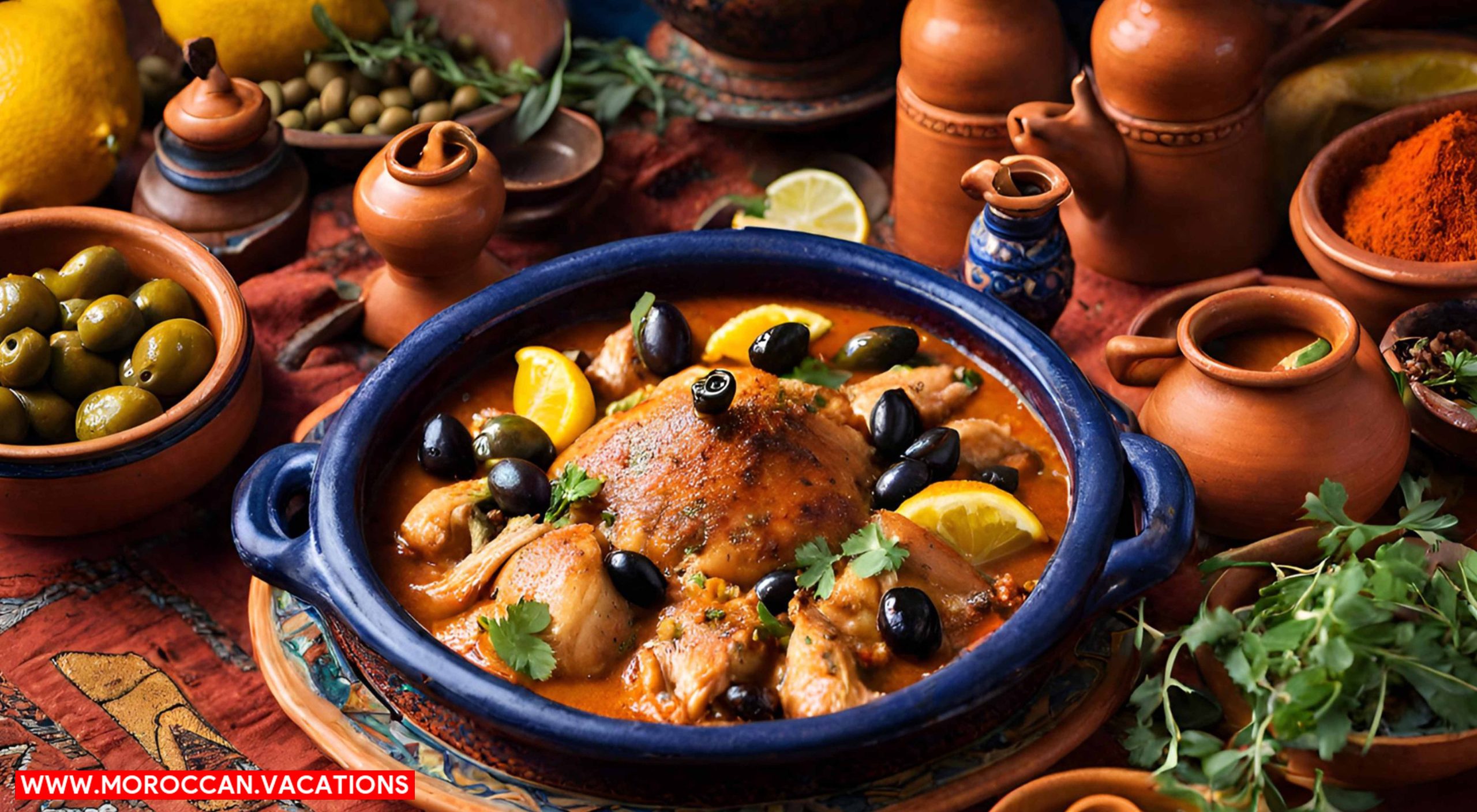 Vibrant Moroccan tagine bubbling with tender pieces of chicken, aromatic spices, preserved lemons, and olives.