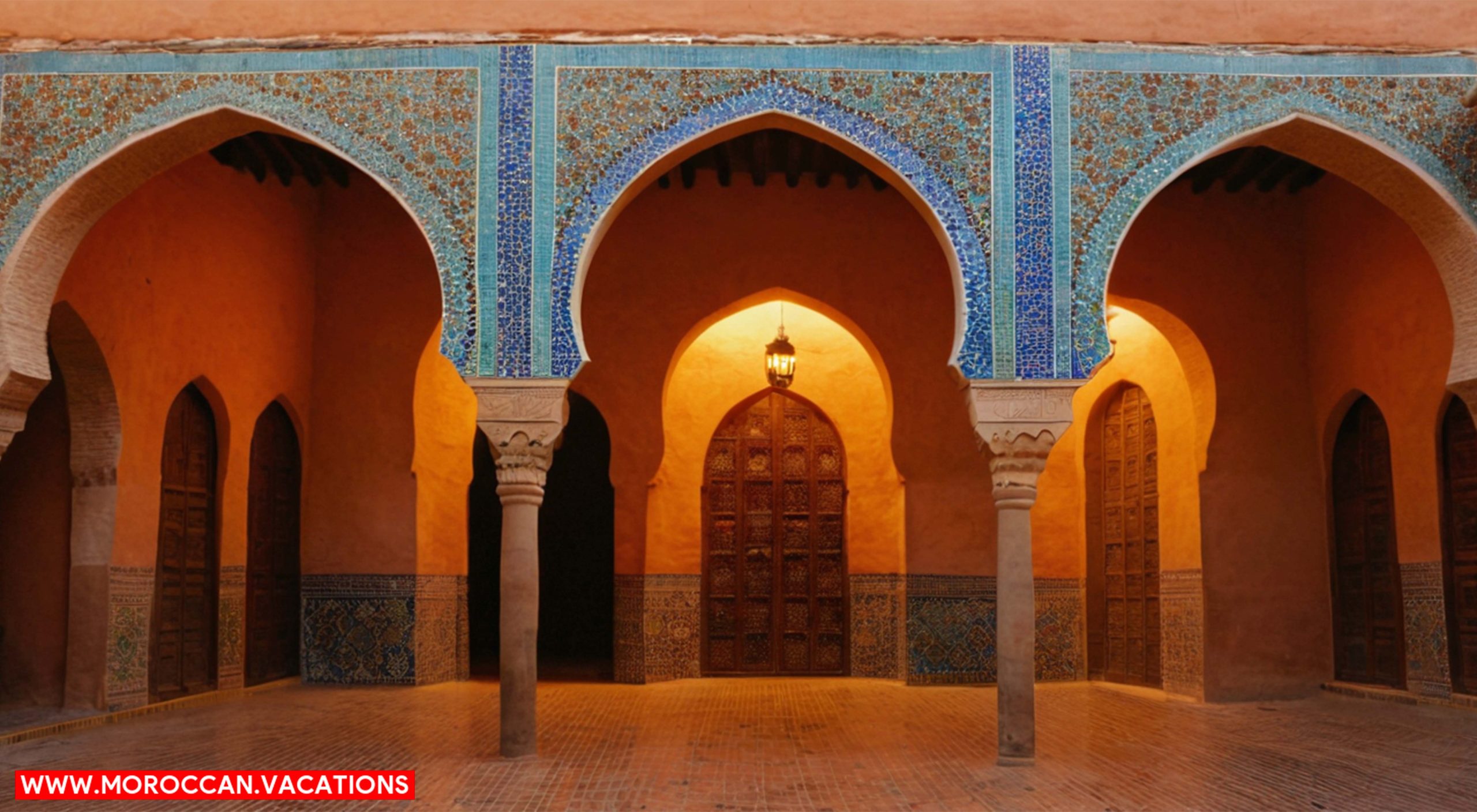 The vibrant mosaic patterns adorning the archways of Marrakesh's medina.