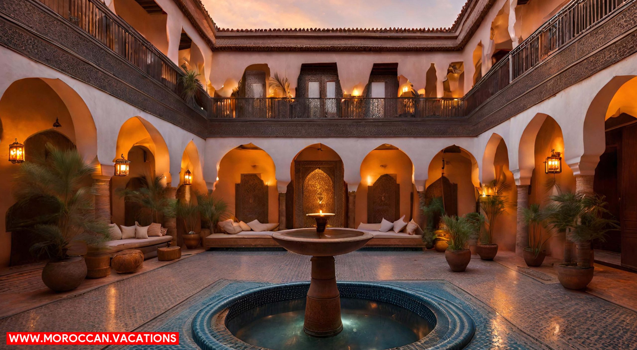 An opulent courtyard of a Marrakech Riad at sunset, filled with traditional Moroccan decor.