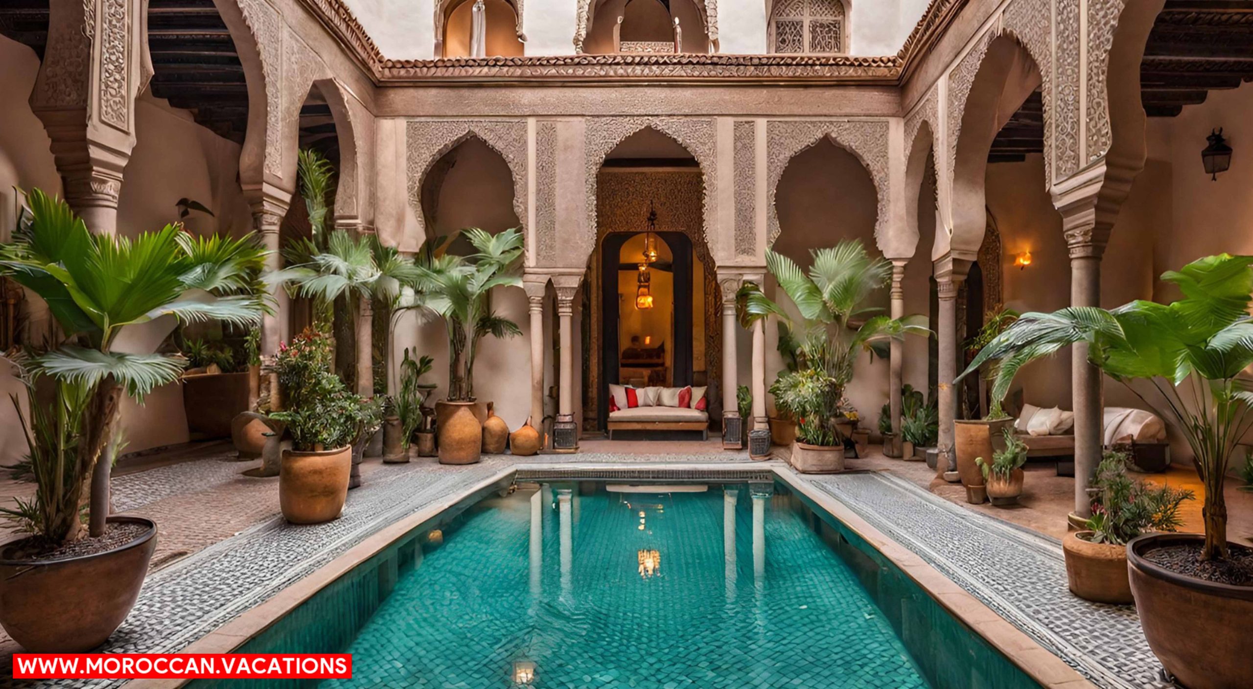 Riad courtyard in Marrakeck featuring a mosaic-tiled pool, lush palms, ornate arches.