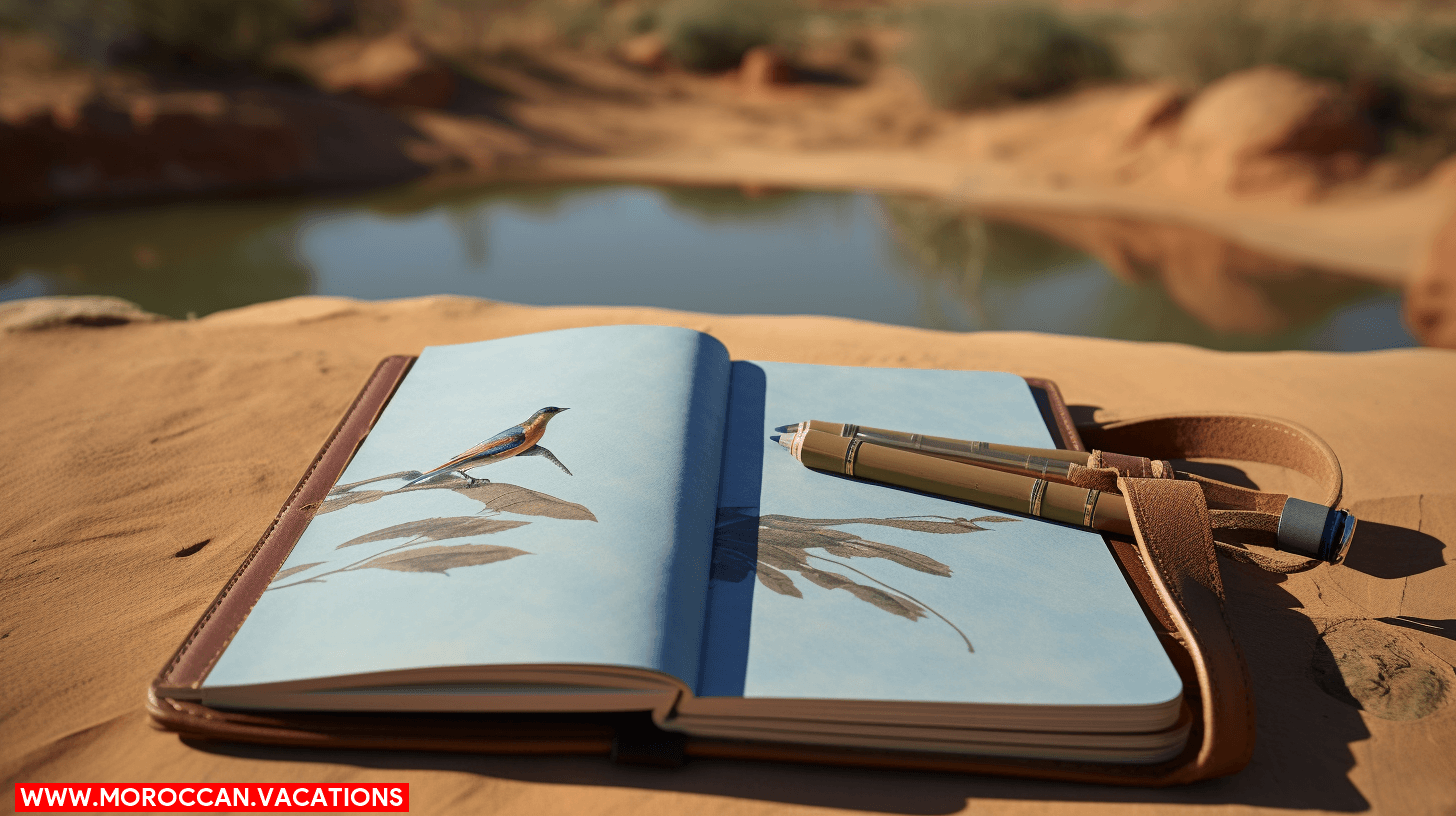 A person with binoculars observing birds in nature, capturing their bird-watching experience in a journal.
