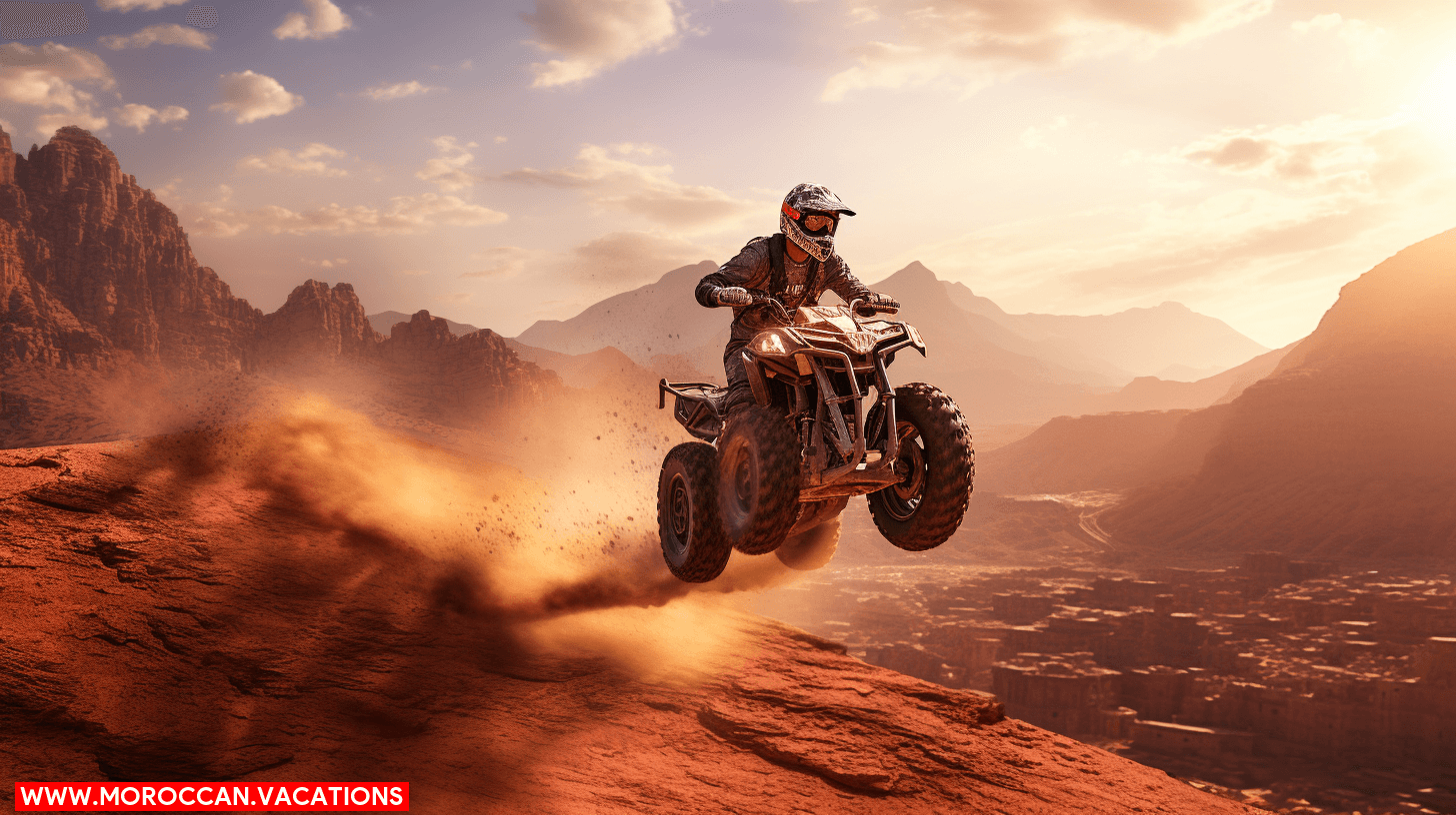 A quad biker, mid-air while cresting a rugged hill.