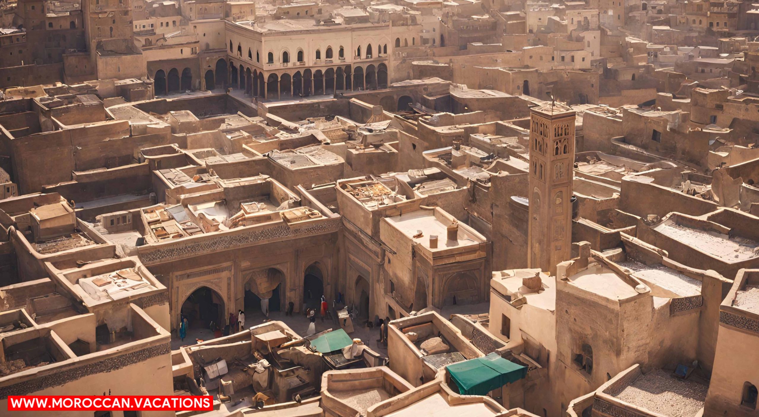 An intricate aerial view of Fez Medina, highlighting winding alleys, bustling marketplaces.
