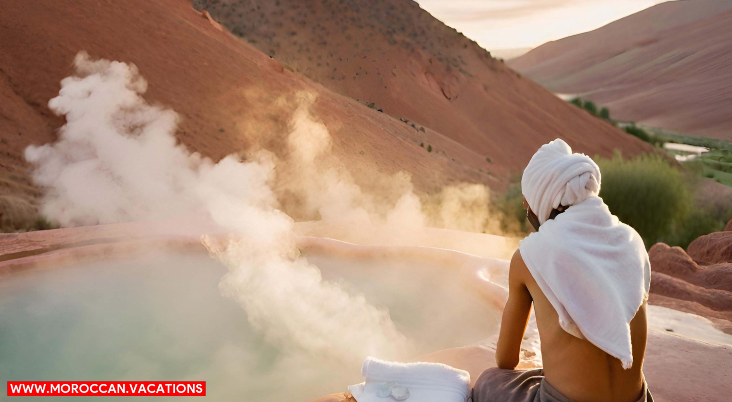 Rugged beauty of Dades Valley at sunset, with essential oils and a plush towel nearby.