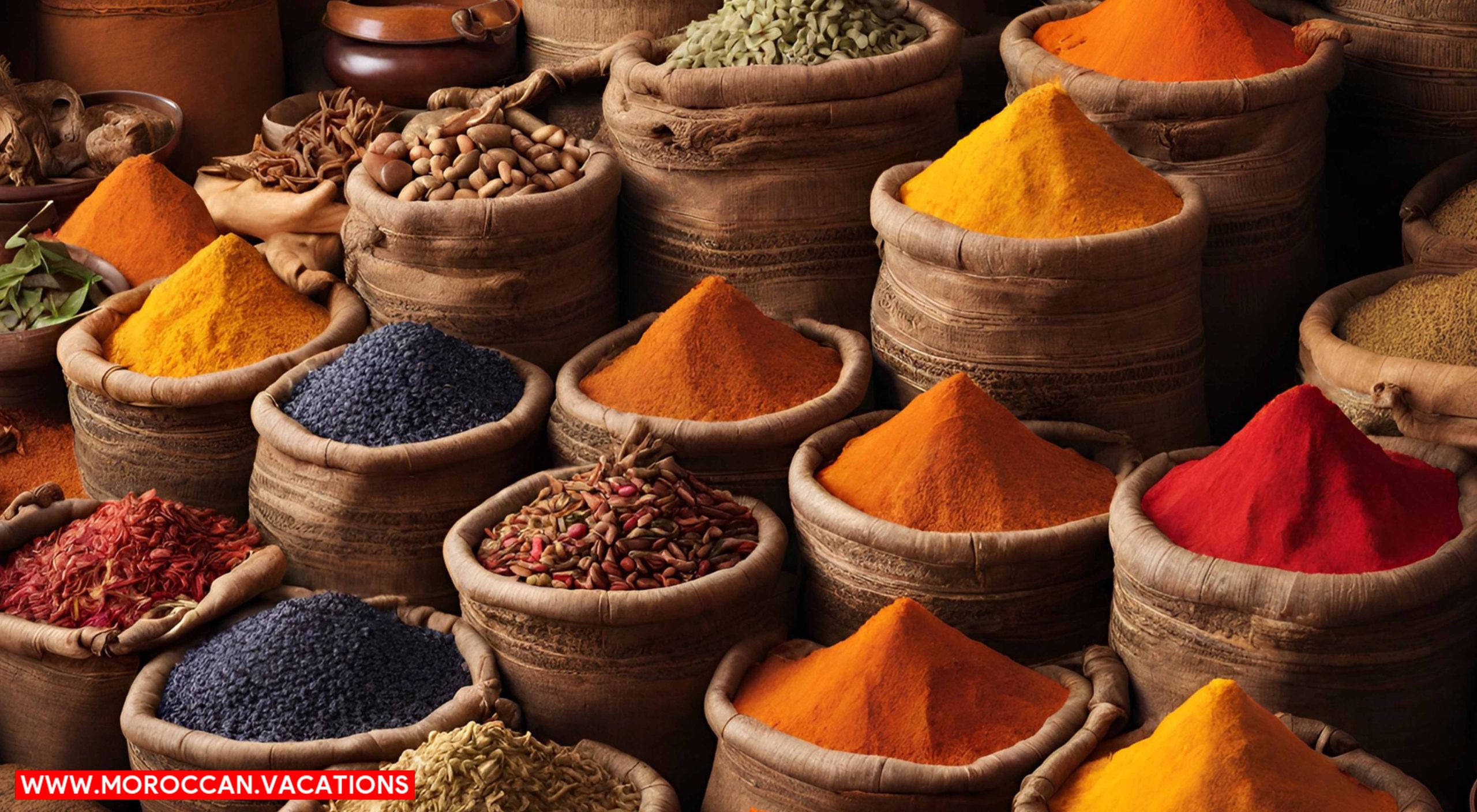 Moroccan spice bazaar, featuring a variety of exotic spices and aromatic herbs.