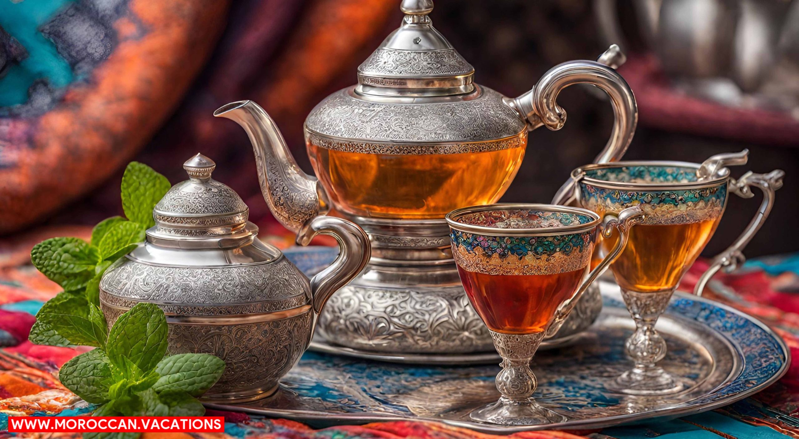 A traditional silver teapot, adorned with intricate engravings, pouring steaming mint tea into ornate glasses.