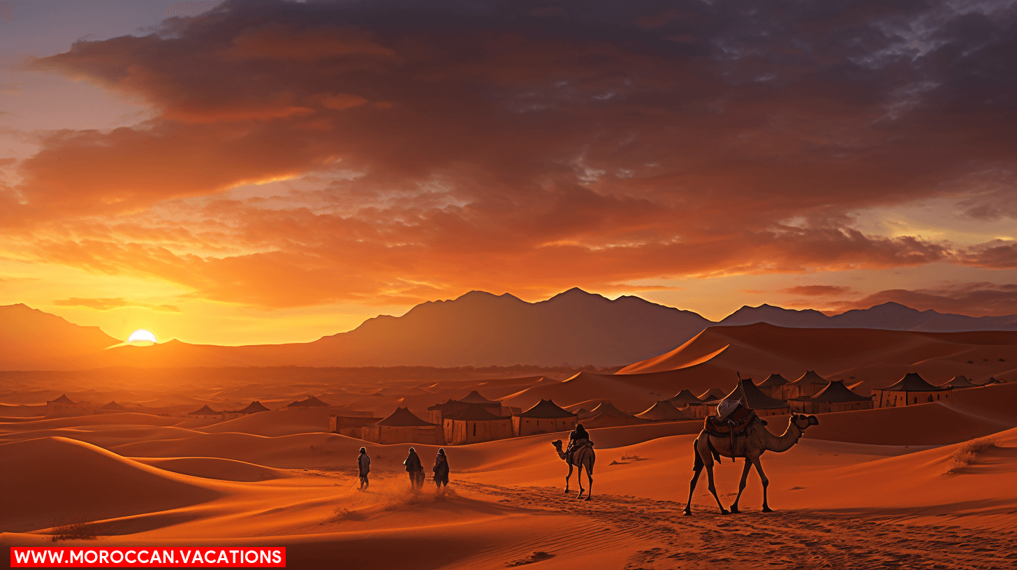 A group of travelers riding camels through the mesmerizing Moroccan dunes.