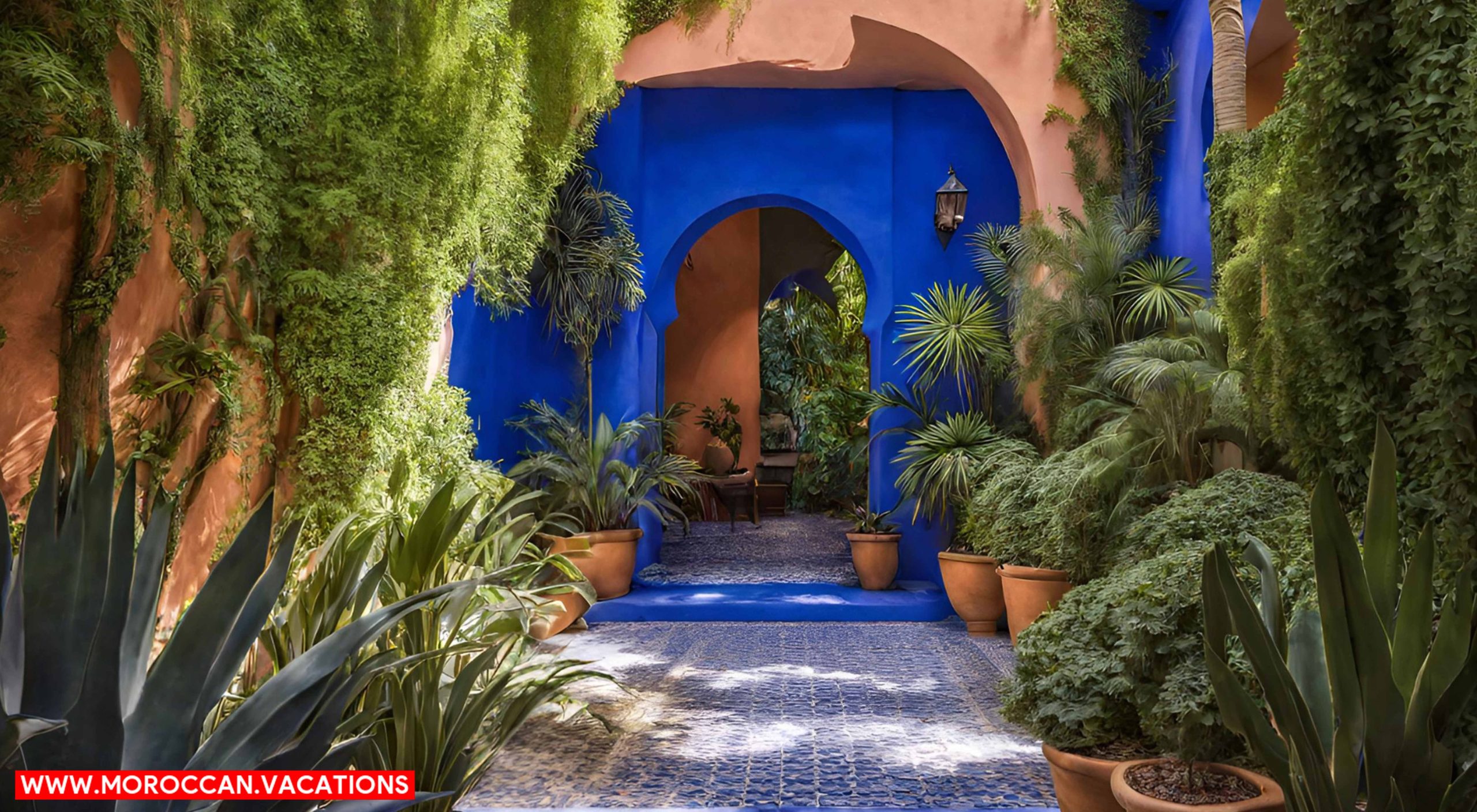 Majorelle Garden by focusing on a group of curious visitors, marveling at the cobalt blue walls adorned with lush green foliage.