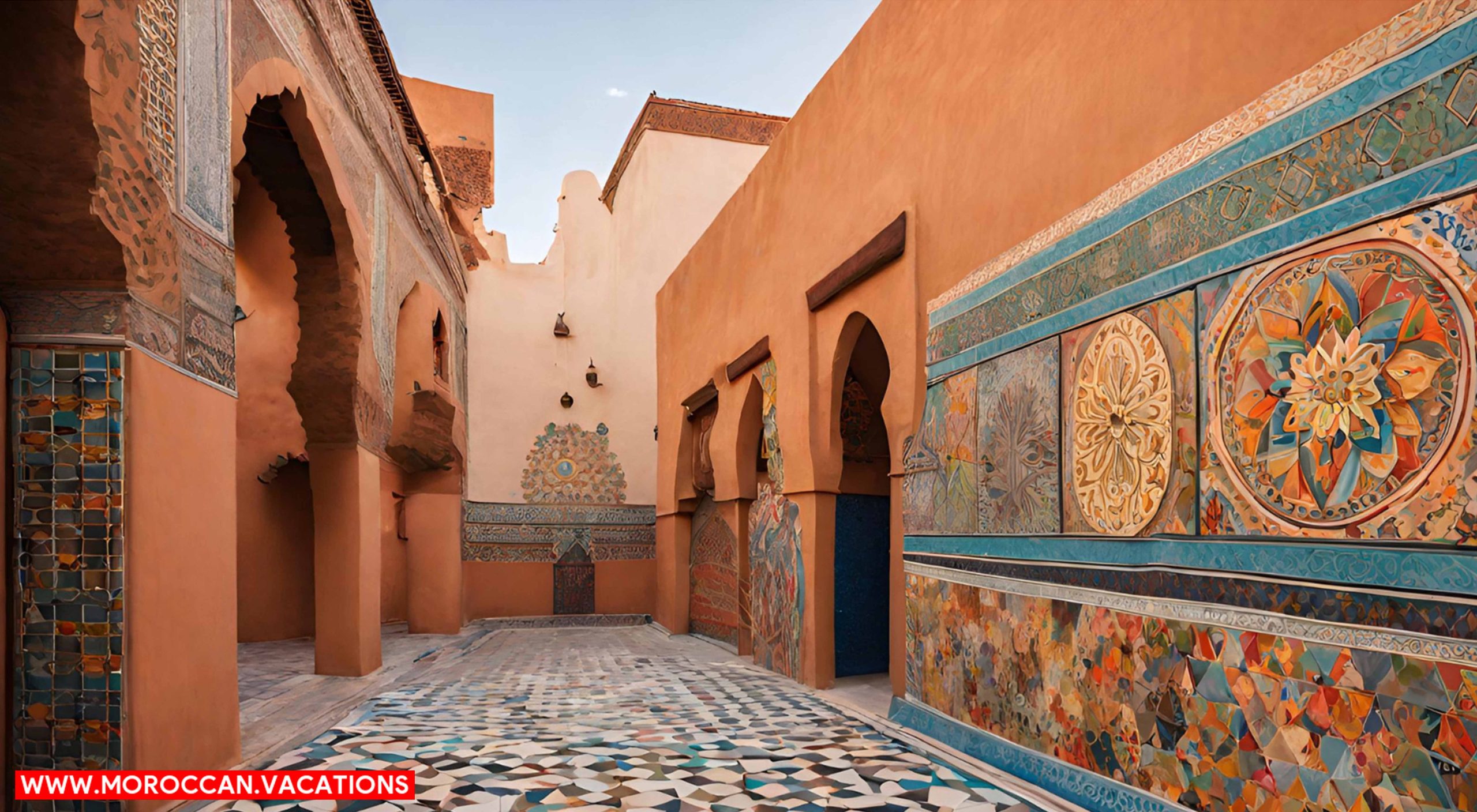 A vibrant mural in the heart of Marrakech, depicting a fusion of traditional Moroccan motifs.