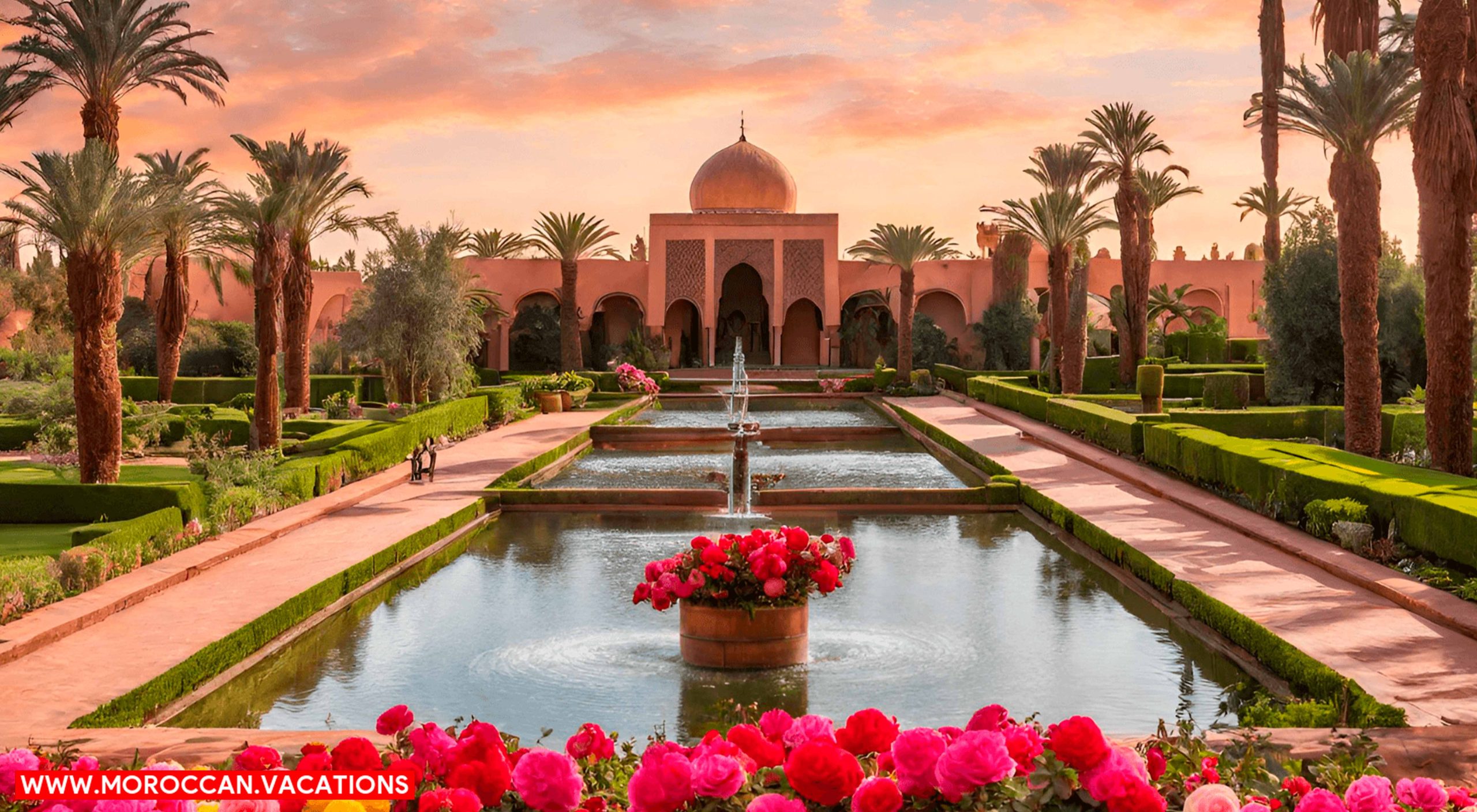 A panoramic shot of blooming rose bushes, towering palm trees, and cascading water channels, harmonizing to create an oasis.