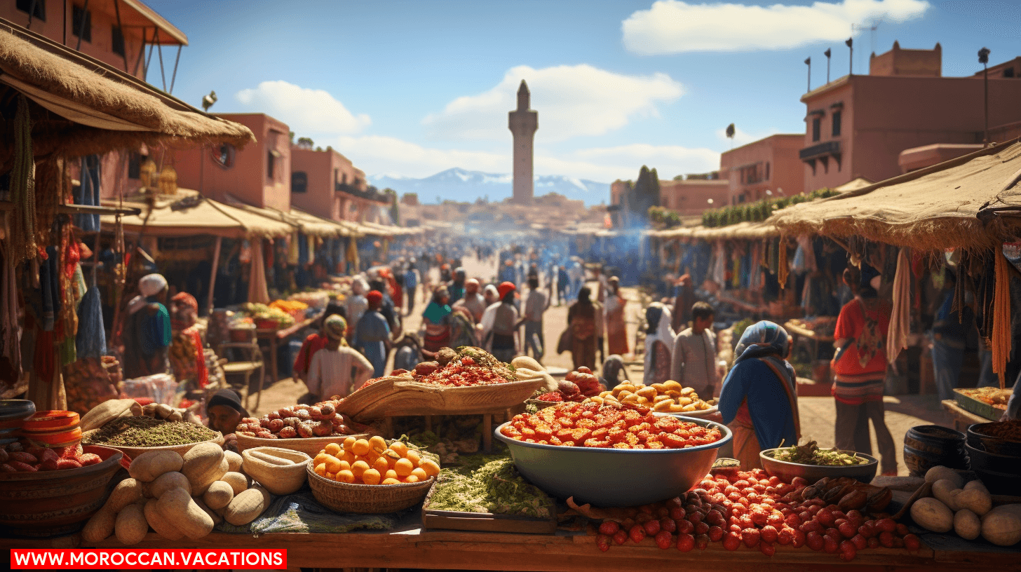 A vibrant market stall with a variety of colorful spices and ingredients, showcasing the rich diversity and flavors of Fez's culinary landscape.