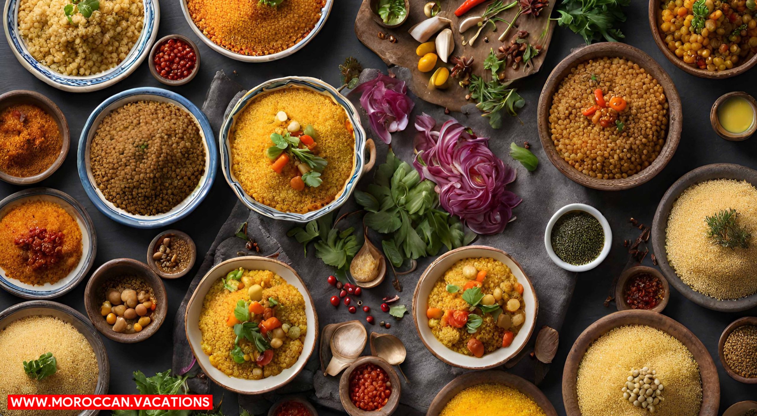 A vibrant assortment of Moroccan couscous dishes, featuring fluffy golden couscous grains adorned with an array of aromatic spices.