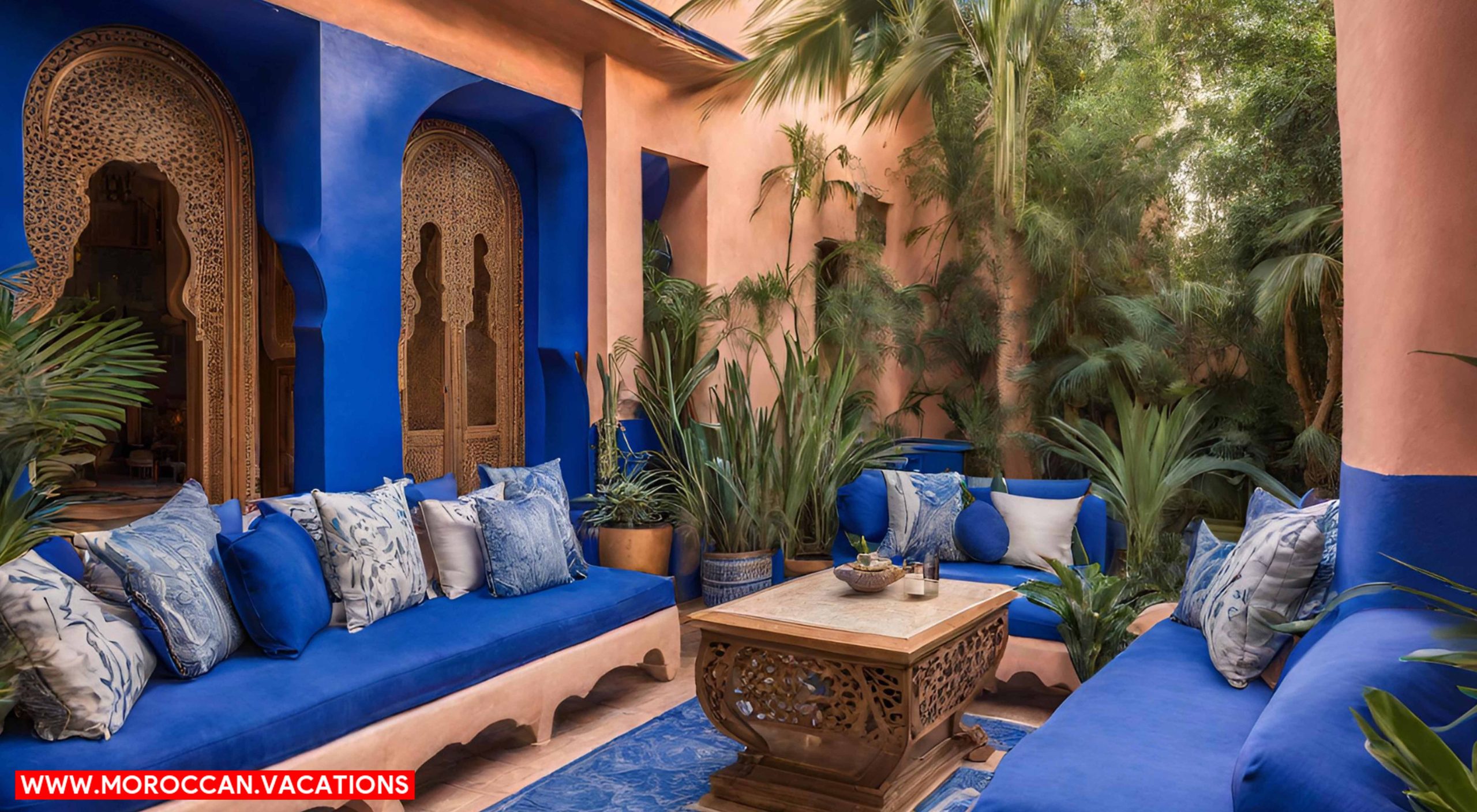 A cobalt blue Art Deco villa nestled within the lush oasis of the Majorelle Garden.