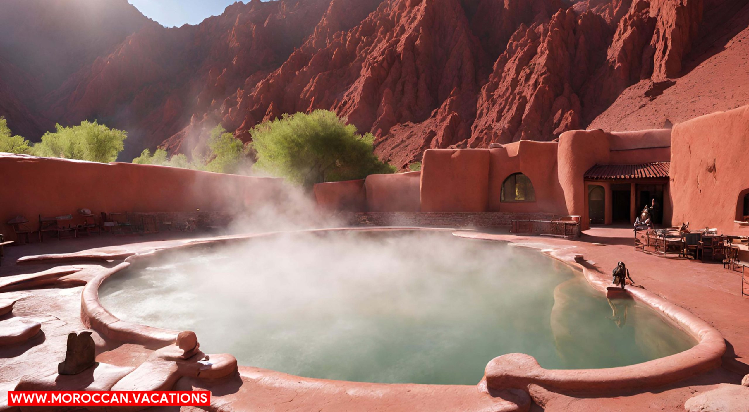 An image displaying respectful visitors quietly soaking in the steamy, azure hot springs of Dades Valley.