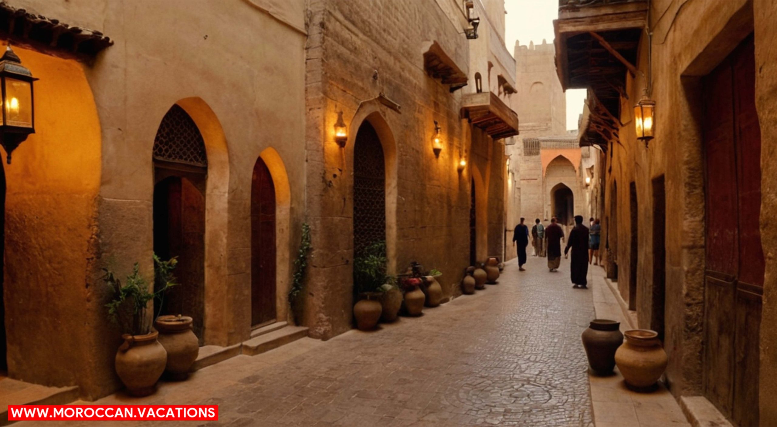 A winding, narrow stone pathway of the Fez Medina, showing vibrant souks, traditional Moroccan lamps.