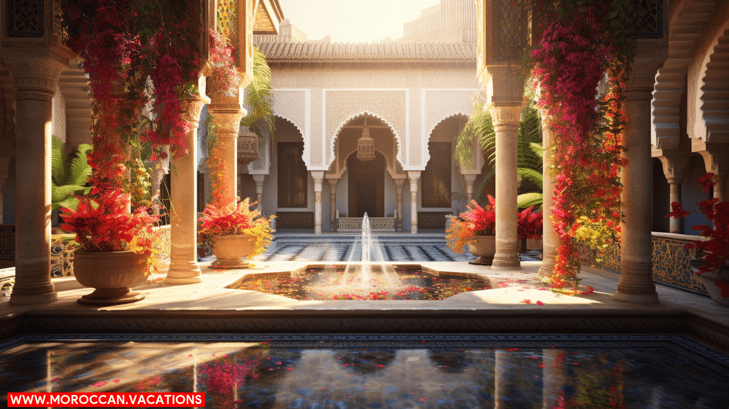 Moroccan courtyard, drenched in warm sunlight, where locals practice yoga on colorful mats.