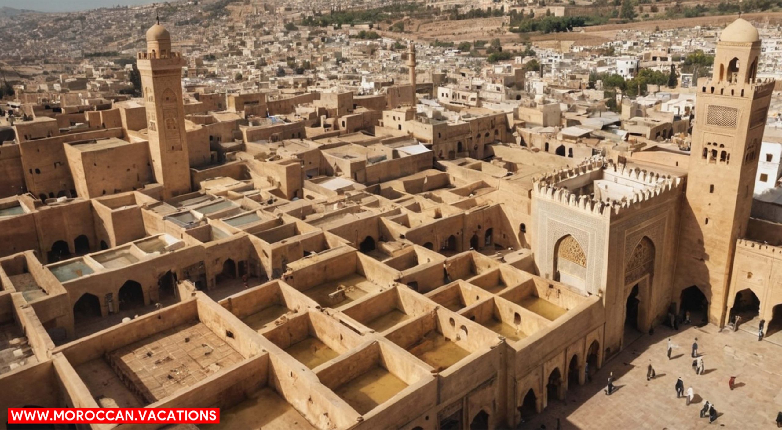 A vibrant image showcasing key landmarks in Fez Medina like Bab Boujloud, Al-Qarawiyyin Mosque.