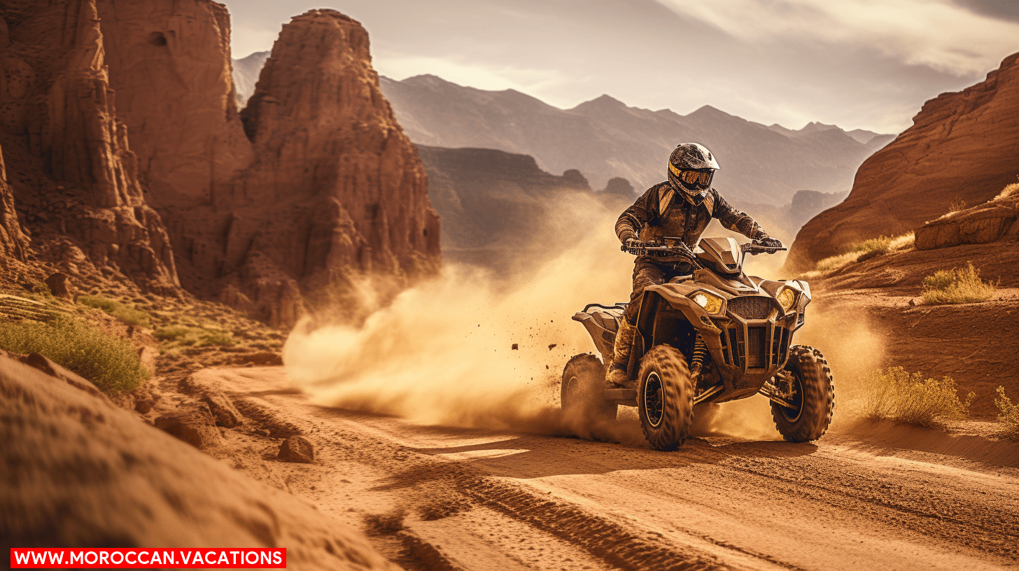 A quad bike parked at a rustic roadside eatery in Dades Valley.