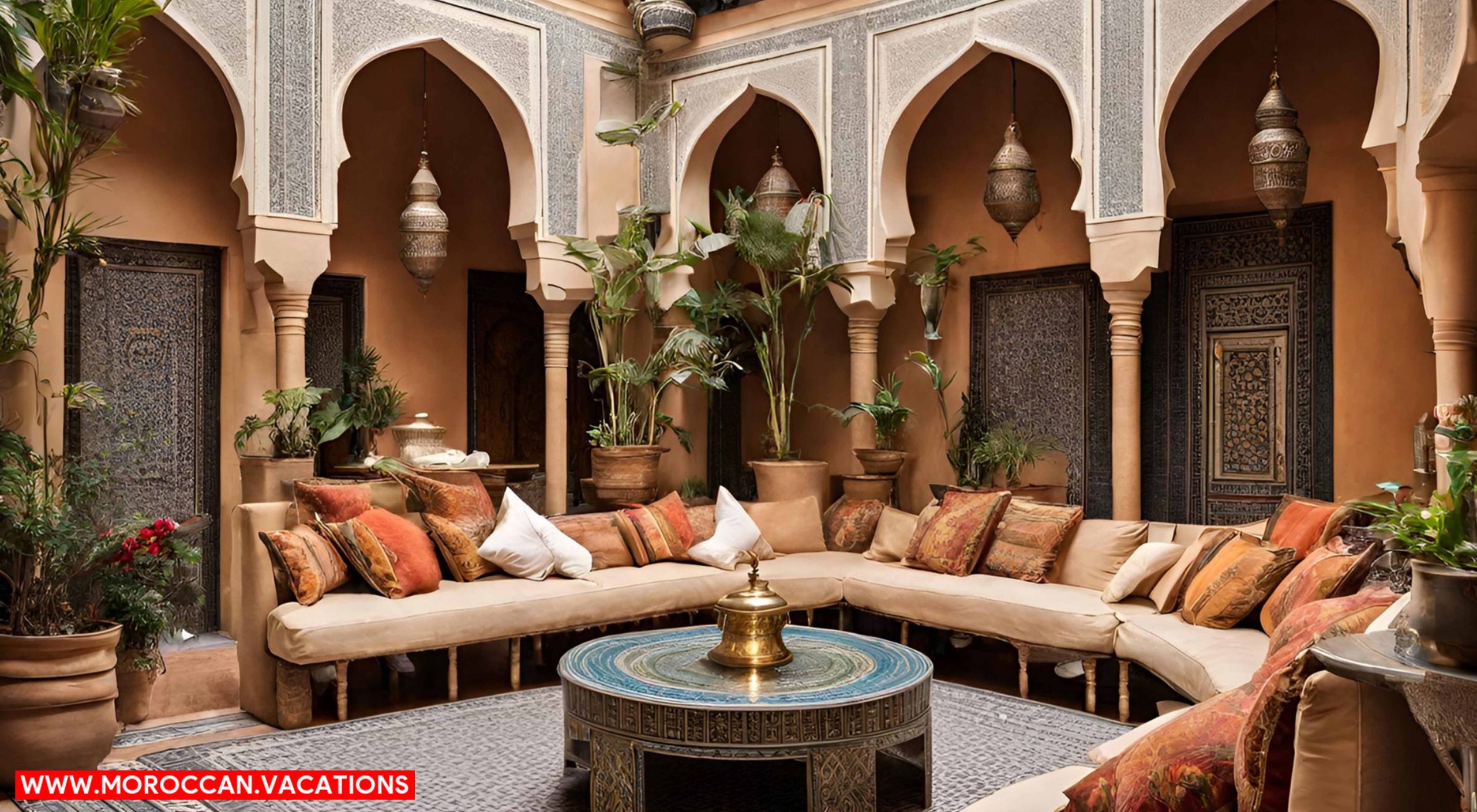 A lavish Moroccan riad courtyard with plush furnishings, ornate mosaics, a tranquil pool.