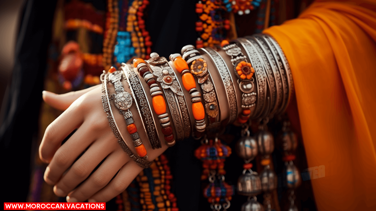 Moroccan bracelets arranged in a stylish and bold manner, making a statement with their intricate designs and vibrant colors.