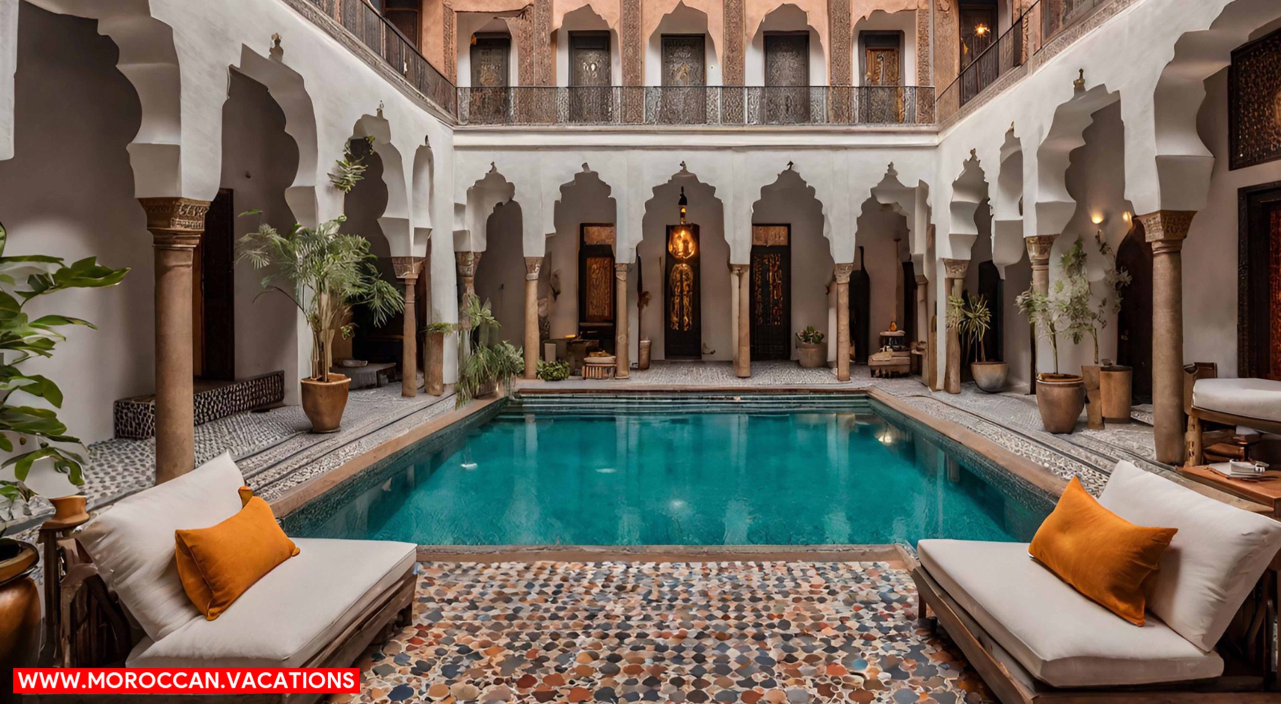 A luxurious, traditional Moroccan riad in Marrakech with a mosaic tiled courtyard.
