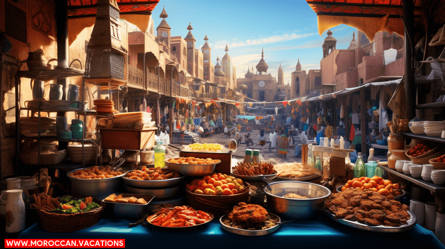 A bustling Moroccan street food stall, adorned with vibrant colors and modern signage.