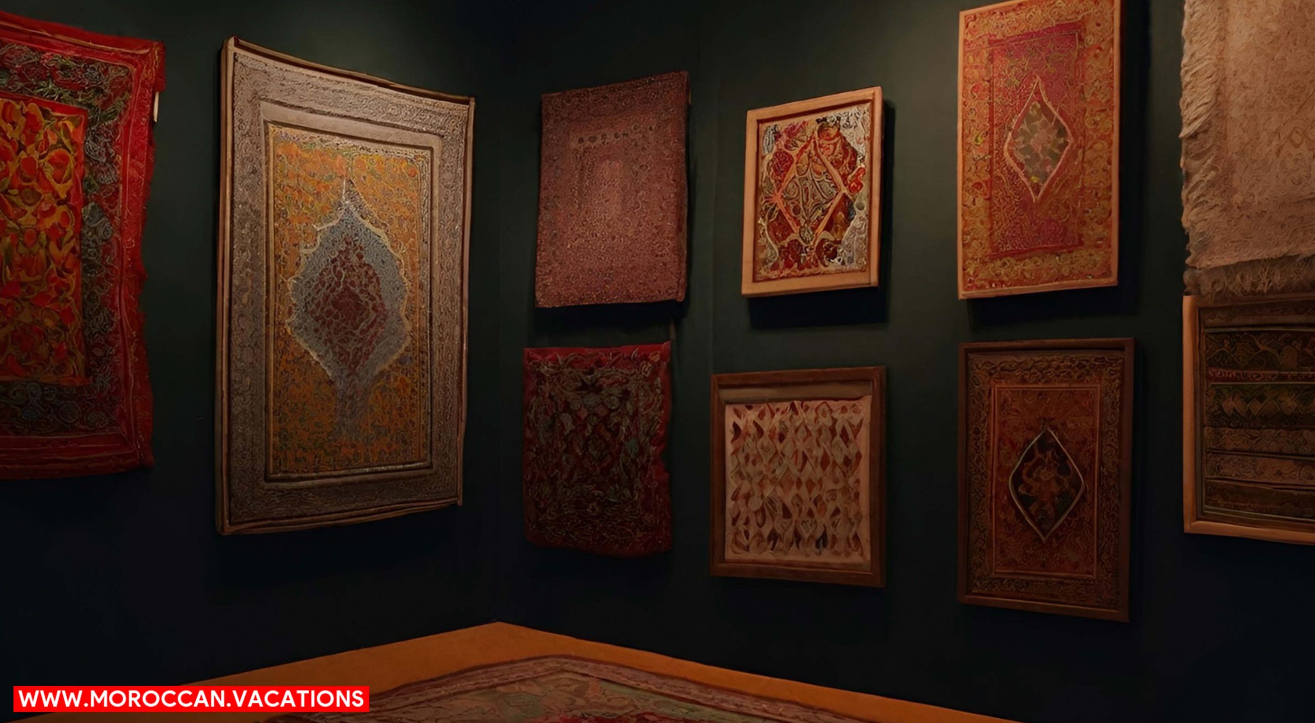 Vibrant atmosphere of a Moroccan art gallery, adorned with intricate handcrafted tapestries and filled with diverse artworks.