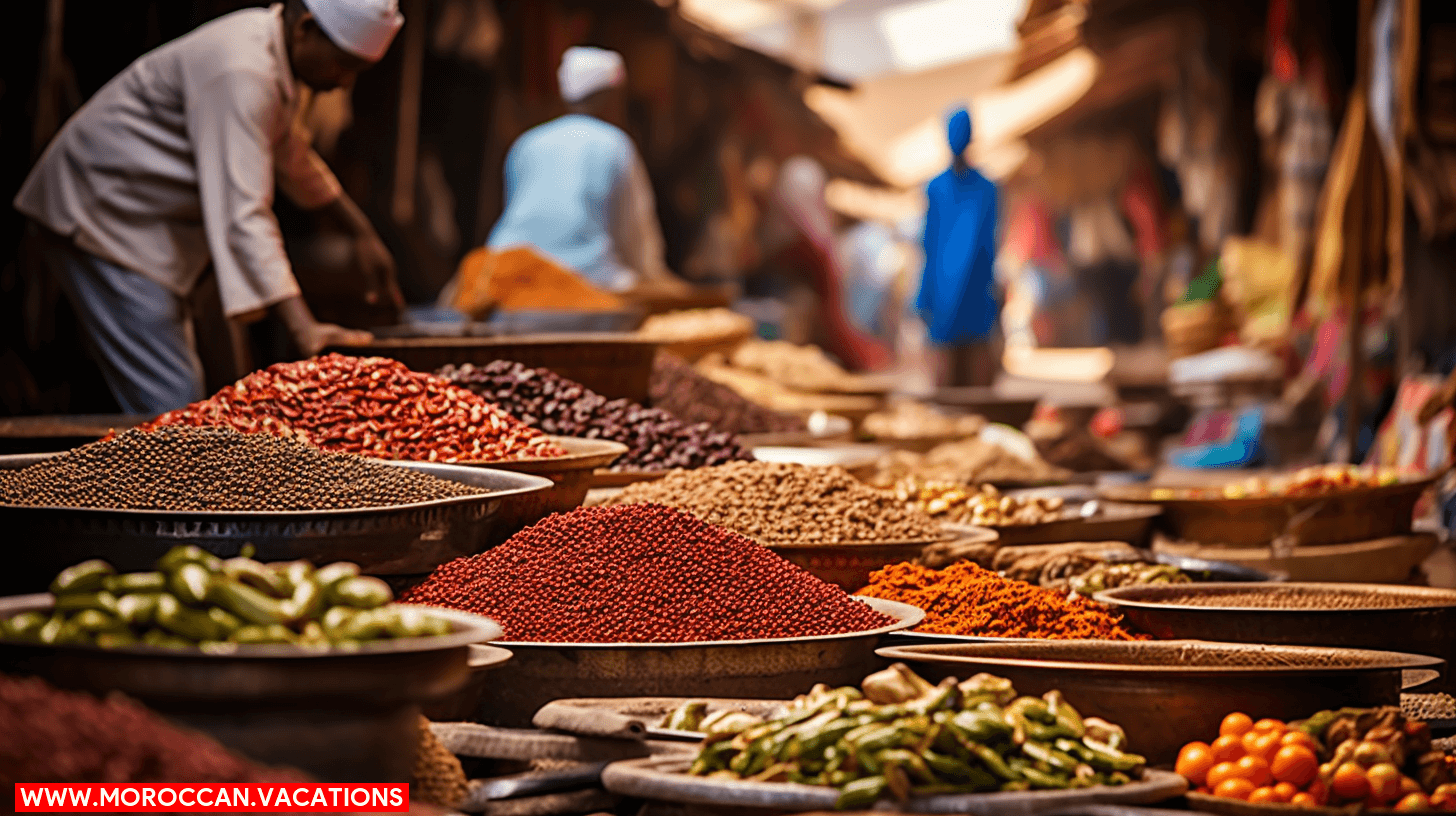 Moroccan market, where locals gather to purchase vibrant spices, aromatic herbs, and a variety of fresh produce.